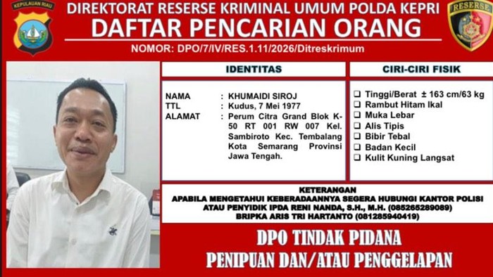 Polisi merilis identitas DPO Khumaidi Siroj terkait kasus dugaan penipuan Rp 3 miliar terhadap mantan Bupati Natuna. (Dok Polda Kepri)