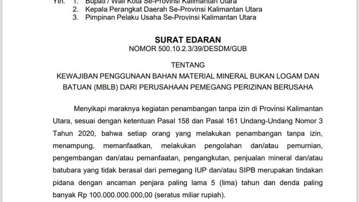 Tangkapan layar SE Gubernur Kaltara tentang penggunaan material proyek.