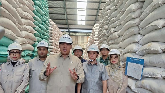 Wamentan Sudaryono saat meninjau gudang Bulog di Palembang.