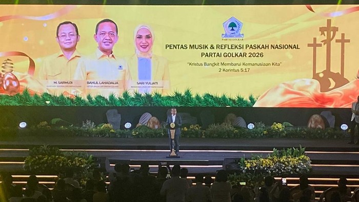 Bahlil di acara Pentas Musik dan Refleksi Paskah Nasional Partai Golkar 2026 di Tennis Indoor Senayan, GBK, Jakarta Pusat, Jumat (24/4/2026)