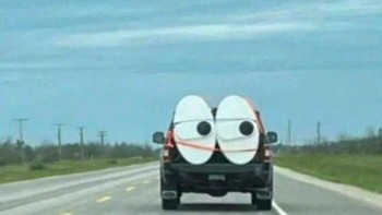 Muatan di belakang mobil ini membentuk ekspresi lucu seperti karakter kartun. Foto: Boredpanda