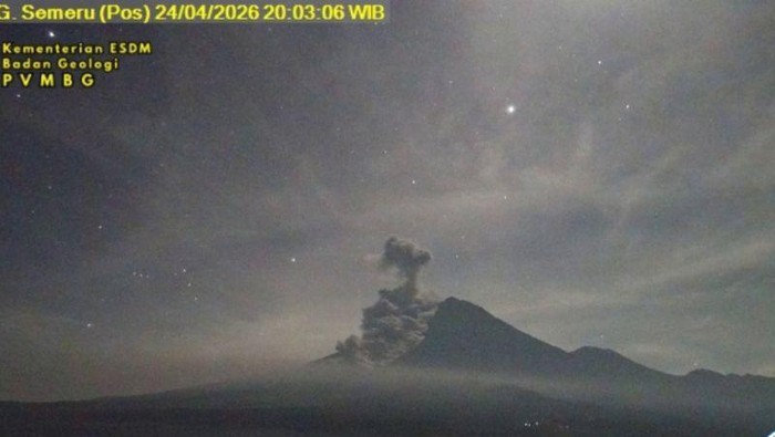 Gunung Semeru erupsi disertai luncuran awan panas sejauh 4,5 km dari puncak pada Jumat (24/4/2026) malam.