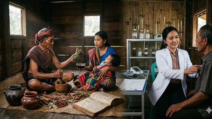 Ilustrasi tentang pengobatan tradisional dan modern (Foto: Gemini AI)