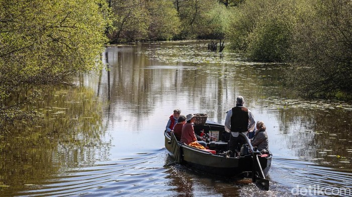 25 April 2026, Lower Saxony, Worpswede: Peat barges sail on the Kleine Wümme as part of the Torfkahnarmada. Every three years, the Torfkahnarmada travels from Worpswede to Bremen as a reminder of the important connection between the peat farmers and the Hanseatic city. Photo: Focke Strangmann/dpa (Photo by Focke Strangmann/picture alliance via Getty Images)