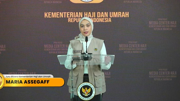 Jubir Kemenhaj RI, Maria Assegaff dalam konpers haji 1447 H/2026 M, Sabtu (25/4/2026).