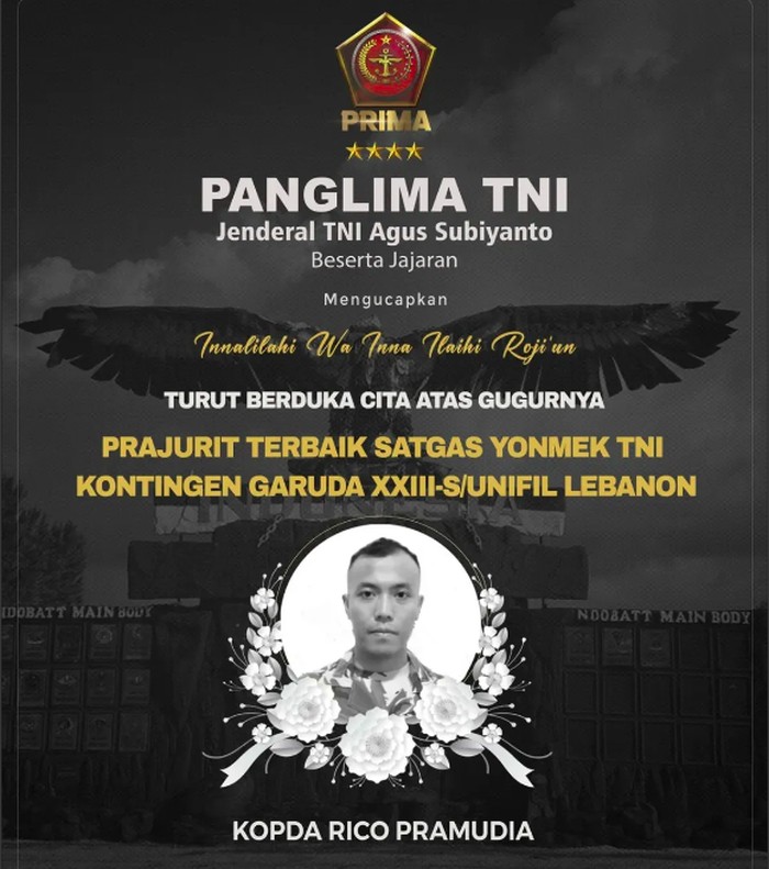 Prajurit TNI yang gugur dalam misi UNIFIL bertambah menjadi 4 orang. Panglima TNI Jenderal Agus Subiyanto menyampaikan dukacita yang mendalam. (IG @puspentni)