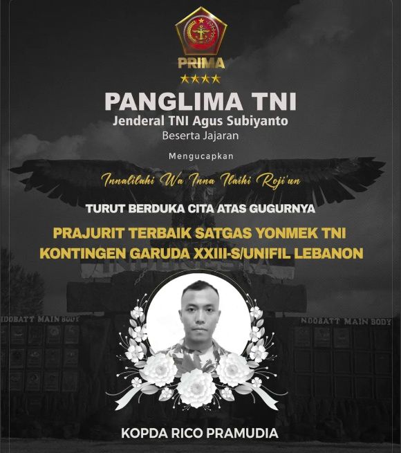 Prajurit TNI yang gugur dalam misi UNIFIL bertambah menjadi 4 orang. Panglima TNI Jenderal Agus Subiyanto menyampaikan dukacita yang mendalam. (IG @puspentni)