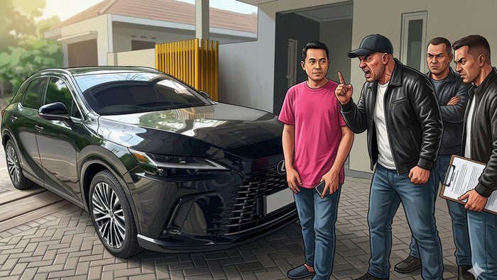 Ilustrasi upaya tarik paksa mobil Lexus oleh sekelompok Debt Collector.