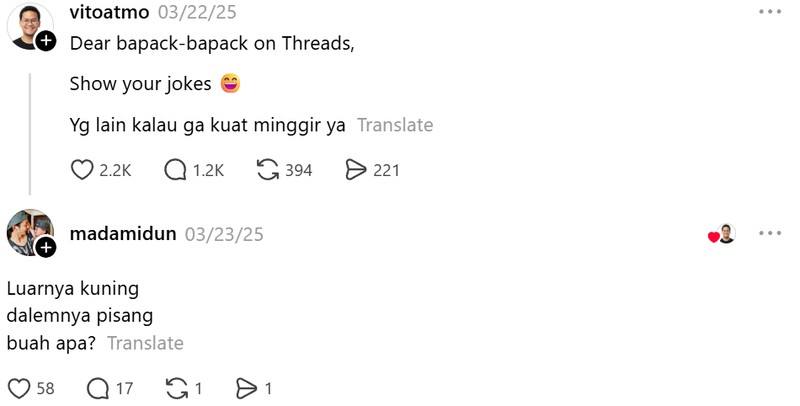 Di Threads, ada kanal jokesbapackbapack. Kalau kamu cari, di sana ada banyak tebak-tebakan garing yang bikin nyengir. Terpantau milenial sudah ikutan.