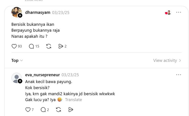 Di Threads, ada kanal jokesbapackbapack. Kalau kamu cari, di sana ada banyak tebak-tebakan garing yang bikin nyengir. Terpantau milenial sudah ikutan.