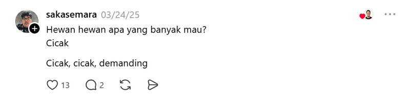 Di Threads, ada kanal jokesbapackbapack. Kalau kamu cari, di sana ada banyak tebak-tebakan garing yang bikin nyengir. Terpantau milenial sudah ikutan.