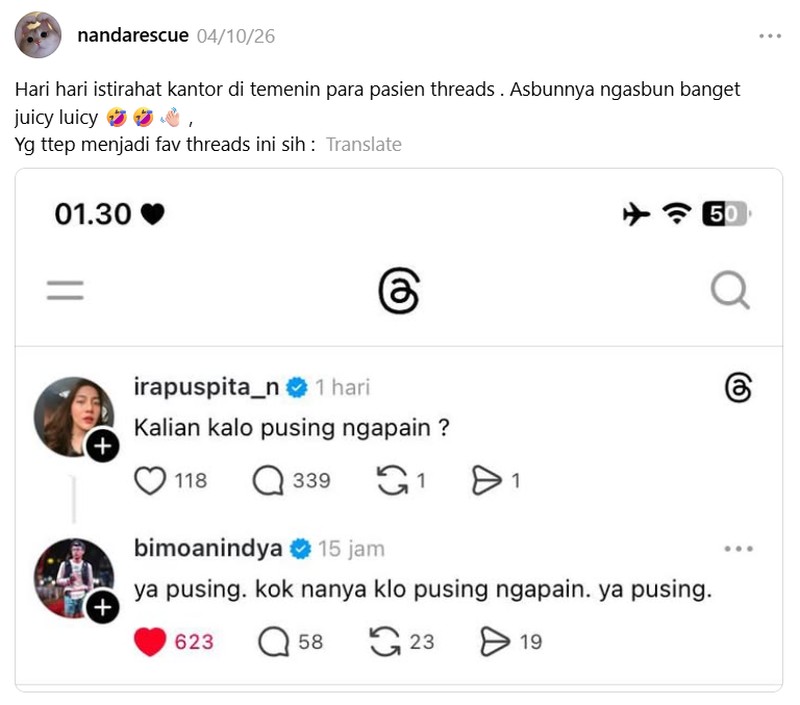 Banyak yang bilang warga Threads itu baik-baik dan kocak banget. Kayak begini nih contohnya.