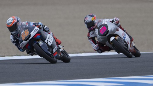 JEREZ DE LA FRONTERA, SPAIN - APRIL 24: Joel Kelso of Australia and GRYD MLav Racing leads Veda Pratama of Indonesia and Honda Team Asia during free practice ahead of the MotoGP of Spain at Circuito de Jerez on April 24, 2026 in Jerez de la Frontera, Spain. (Photo by Mirco Lazzari gp/Getty Images)