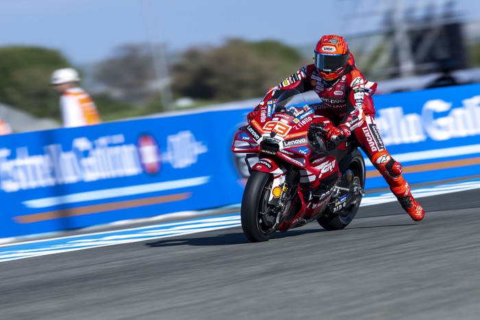 JEREZ, SPAIN - 2026/04/26: Number 93 Ducati Lenovo Team rider Marc Marquez seen during the morning warm up at the 2026 Estrella Galicia 0,0 Grand Prix of Spain. (Photo by Stephen Blackberry/SOPA Images/LightRocket via Getty Images)