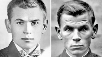Wajah Evgeny Stepanovich Kobytev sebelum dan sesudah Perang Dunia II (1941 vs 1945). Dari seniman muda menjadi tentara, ia terluka, ditawan di kamp Nazi, lalu berhasil kabur dan kembali bertempur—potret nyata kerasnya perang yang mengubah hidup selamanya. Foto: Boredpanda