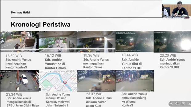 Paparan Komnas HAM soal kronologi pergerakan sejumlah terduga pelaku terlibat penyiraman air keras terhadap Andrie Yunus. (YouTube Komnas HAM)