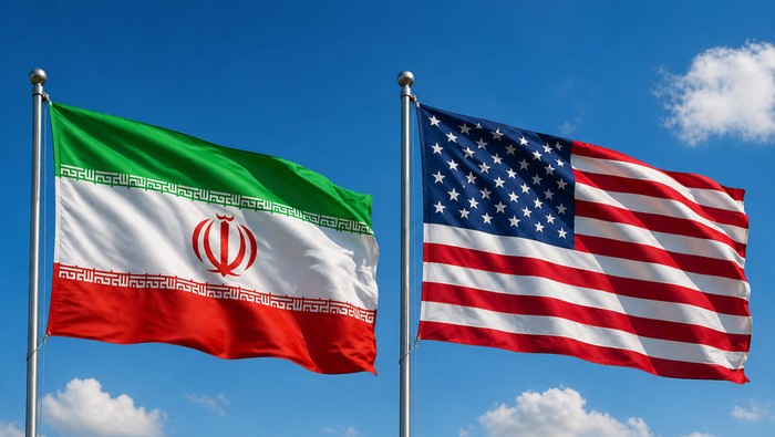 Ilustrasi Bendera Iran dan Amerika