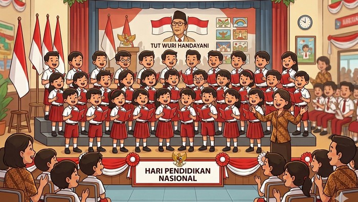 Siswa SD menyanyikan lagu wajib untuk Hari Pendidikan Nasional