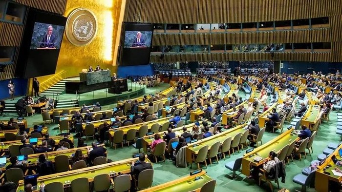 Sekjen PBB Antonio Guterres berbicara dalam konferensi membahas implementasi Perjanjian Non-Proliferasi Nuklir (NPT) di markas PBB di New York, AS (Reuters)