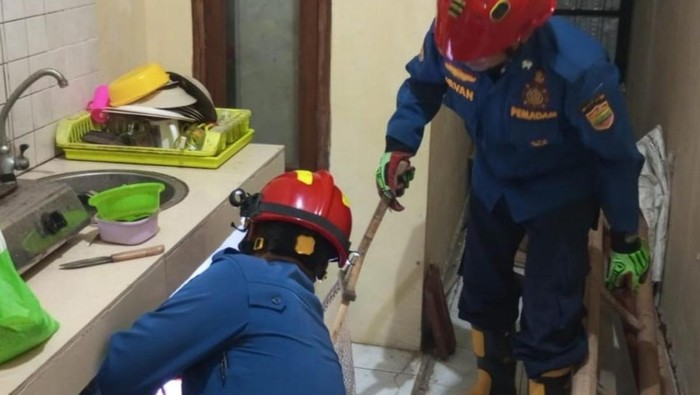 Petugas Damkar mengevakuasi seekor katak yang masuk ke dalam rumah.