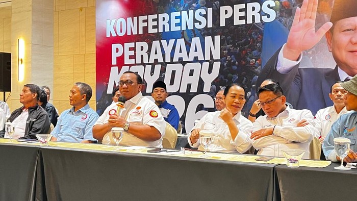 Presiden KSPSI Andi Gani dalam konferensi pers KSPSI jelang peringatan May Day (Ondang/detikcom)
