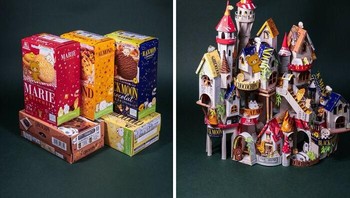 Tumpukan kotak biskuit ini jadi fondasi kastil megah. Sulit dipercaya semua detailnya berasal dari kemasan bekas. Foto: Boredpanda