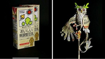Kemasan minuman disulap jadi burung hantu artistik. Kombinasi teks dan warna kemasan menciptakan karakter yang kuat. Foto: Boredpanda