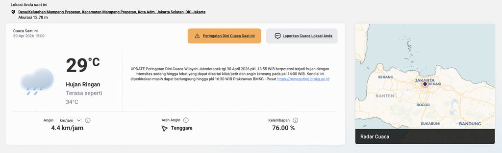 Informasi cuca Jakarta hari ini Kamis (30/4/2026) per pukul 15.00 WIB. (Dok. BMKG)