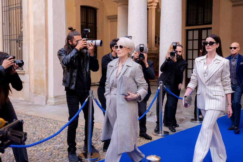 (L-R) Anne Hathaway as Andy Sachs, Meryl Streep as Miranda Priestly and Stanley Tucci as Nigel Kipling in 20th Century Studios' THE DEVIL WEARS PRADA 2. Photo by Macall Polay. © 2026 20th Century Studios. All Rights Reserved.