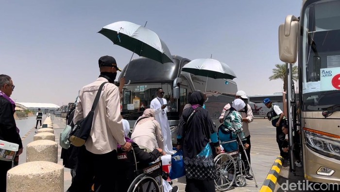Petugas haji memberi layanan payung jemaah Indonesia yang tiba di Madinah