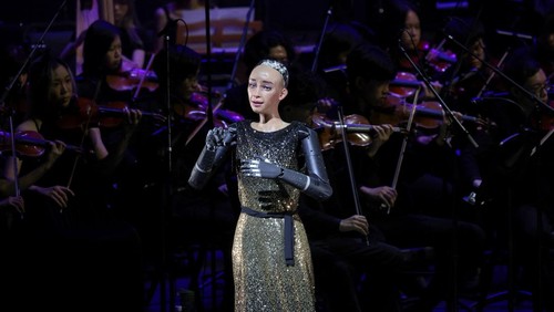 Humanoid robot Sophia performs during a rehearsal with the Hong Kong Baptist University (HKBU) Symphony Orchestra ahead of its 2026 Annual Gala Concert, in Hong Kong, China, April 29, 2026. REUTERS/Tyrone Siu TPX IMAGES OF THE DAY