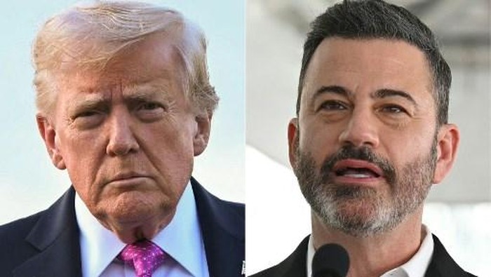 (COMBO) This combination of pictures created on September 18, 2025 shows US President Donald Trump (L) in Morristown, New Jersey on September 14, 2025 and television host Jimmy Kimmel in Hollywood, California, June 6, 2024. Donald Trump called for US