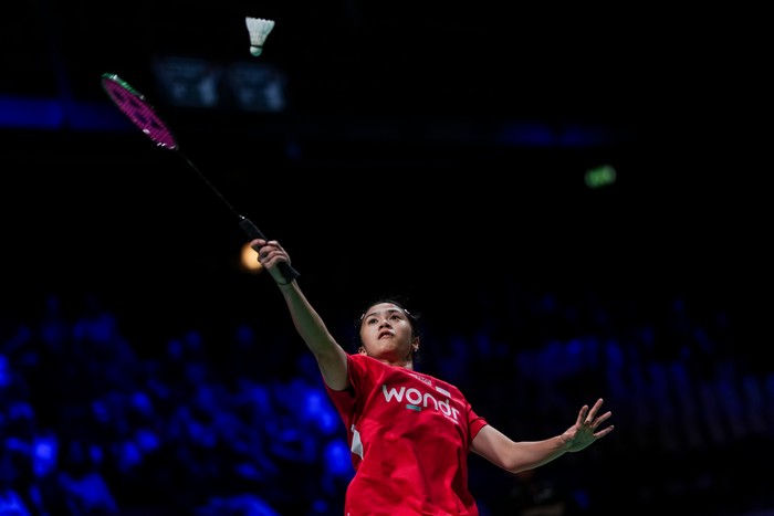 HORSENS, DENMARK - APRIL 30: Ni Kadek Dhinda Amartya Pratiwi of Indonesia competes in the Womens Singles match against Line Hojmark Kjaersfeldt of Denmark in the Uber Cup Quarterfinals between Team Denmark and Team Indonesia during day seven of the 