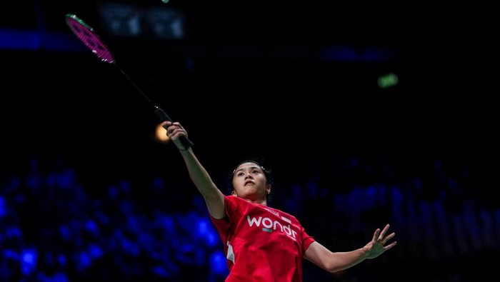 HORSENS, DENMARK - APRIL 30: Ni Kadek Dhinda Amartya Pratiwi of Indonesia competes in the Womens Singles match against Line Hojmark Kjaersfeldt of Denmark in the Uber Cup Quarterfinals between Team Denmark and Team Indonesia during day seven of the 