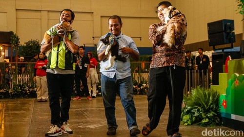 Peserta bersama hewan peliharaannya bersiap mengikuti fashion show di ICE BSD, Tangerang, Jumat (1/5/2026).