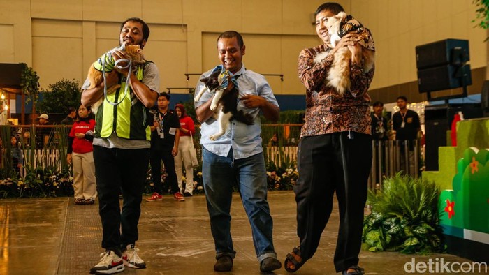 Peserta bersama hewan peliharaannya bersiap mengikuti fashion show di ICE BSD, Tangerang, Jumat (1/5/2026).