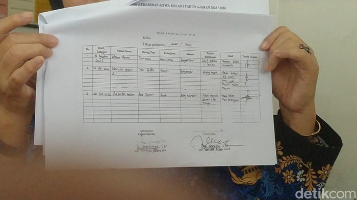 Kepala SDN 1 Banjaranyar, Pemalang, menunjukkan data bahwa siswa yang viral diduga jadi korban perundungan masih tercatat sebagai murid di sekolahnya, Sabtu (2/5/2026).