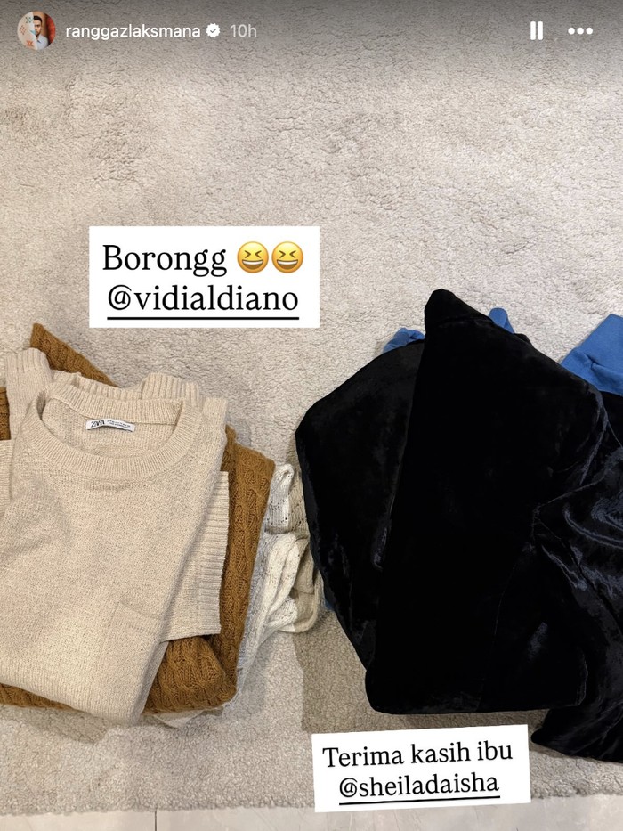 Sheila Dara bagikan baju-baju Vidi Aldiano.