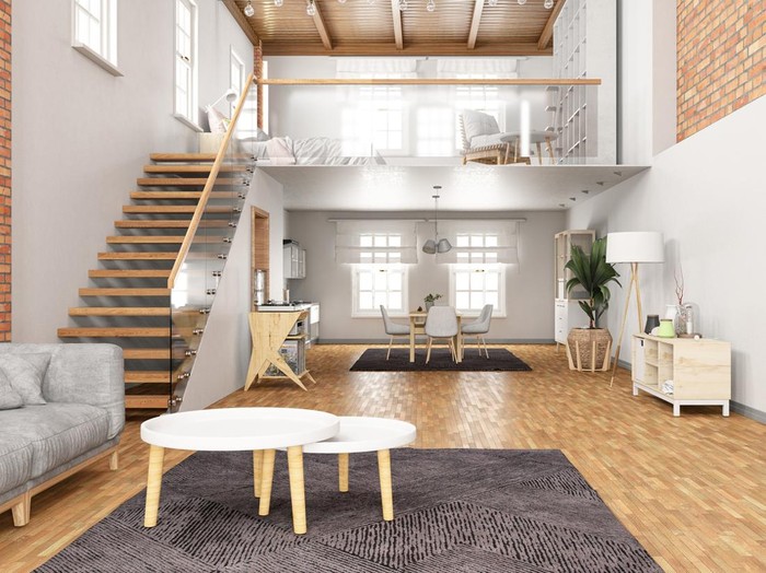 Loft Room with Mezzanine. 3d Render