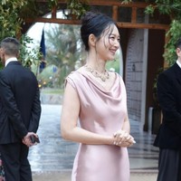 Istri dari Kim Woo Bin itu menampilkan keanggunan dalam balutan gaun sutra berwarna dusty pink. Siluet gaun mermaid mempertegas lekuk tubuhnya. Tak sedikit netizen yang salah fokus menduga Shin Min Ah punya baby bump. Foto: dok. Instagram @illusomina