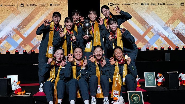 HORSENS, DENMARK - MAY 03: Uber Cup Champion Team Korea poses for a group photo on the podium after the Uber Cup Final match during day ten of the BWF Thomas & Uber Cup Finals at Forum Horsens on May 03, 2026 in Horsens, Denmark. (Photo by Shi Tang/G