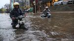 Aksi Nekat Pemotor Terobos Banjir Gancit, Berujung Didorong