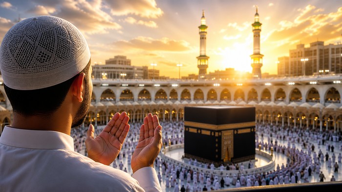 Ilustrasi berdoa di depan Kabah saat haji.