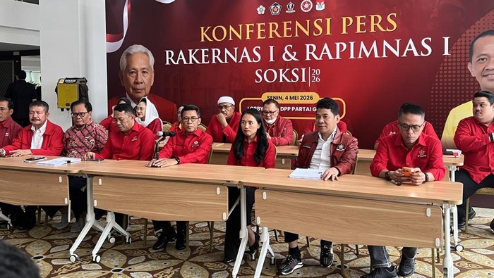Konferensi pers SOKSI di kantor DPP Golkar, Slipi, Jakarta Barat, Senin (4/5/2026).