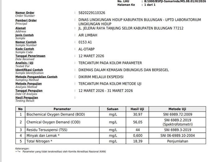 Laporan Hasil Uji sampel air limbah yang diambil pada 12 Maret 2026 di PT ABDI Borneo dan diuji oleh Balai Standardisasi dan Pelayanan Jasa Industri (BSPJI) Samarinda. (dok Istimewa)