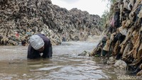Aliran air yang deras tidak menyurutkan semangat para pencari nafkah ini. Mereka tetap bertahan di sungai selama berjam-jam demi mengumpulkan hasil yang bisa dijual.