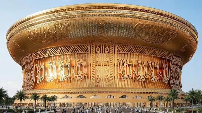 Gambaran artistik Stadion Hung Vuong, yang mengambil inspirasi dari gendang tradisional Vietnam. (Supplied: Vinhome)