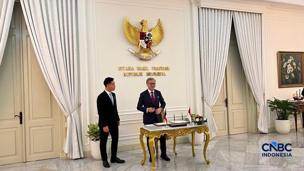 Wakil Presiden Gibran Rakabuming menerima kunjungan dari Deputi Perdana Menteri Laos Thongsavan Phomvihane di Istana Wapres, Selasa (5/5). (CNBC Indonesia/Halima)