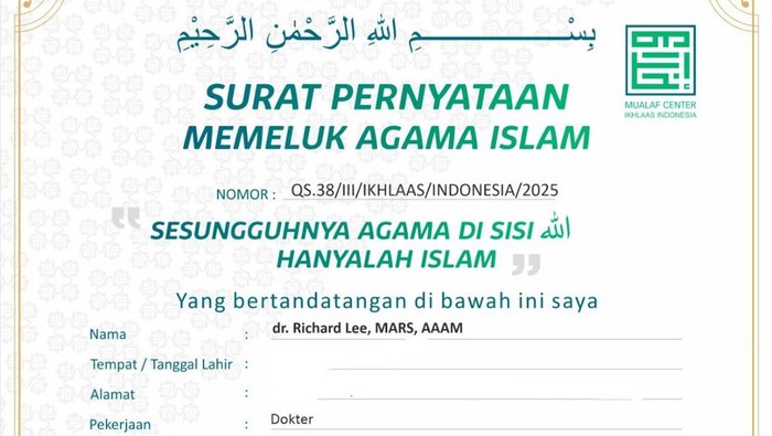Sertifikat Mualaf Richard Lee