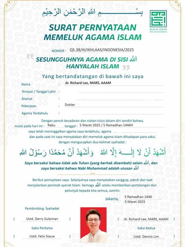 Sertifikat Mualaf Richard Lee